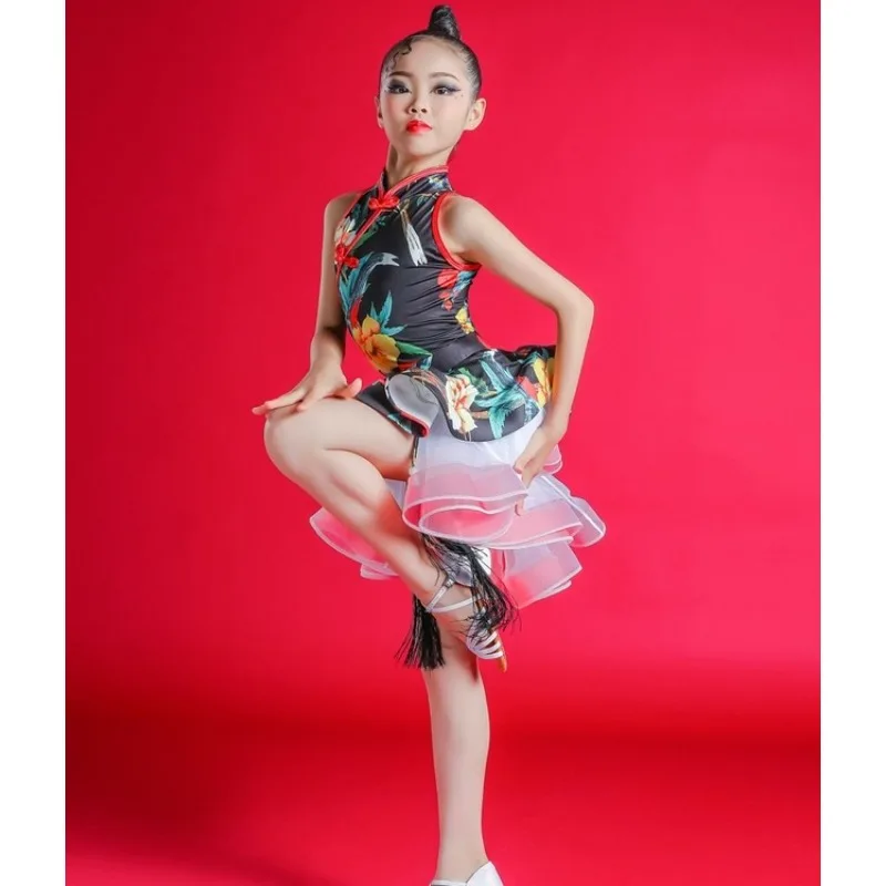 

Детские костюмы для латинских танцев, платья с цветочным узором для девочек, марлевые юбки Cheongsams, костюмы для выступлений, тренировочный костюм для латинских танцев