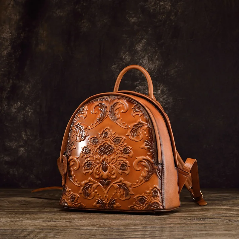 Genuine leather backpack Women top layer cowhide handmade bag Embossed small backpack Retro travel bag Leisure women bag