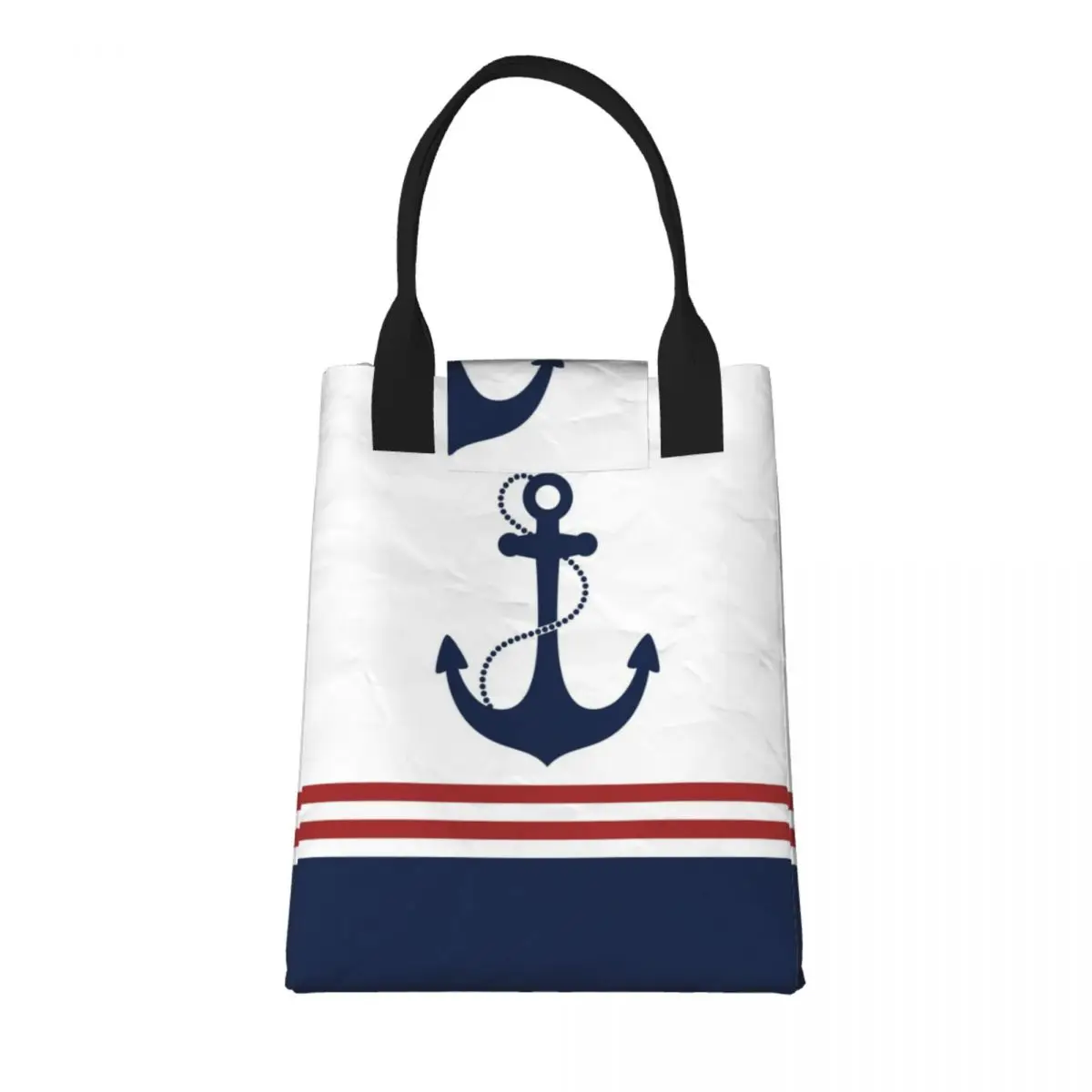 Nautical Navy Blue Anchor With Stripes Lunch Bag Portable Sailing Sailor Cooler Thermal Insulated Bento Box Women Food Tote Bags