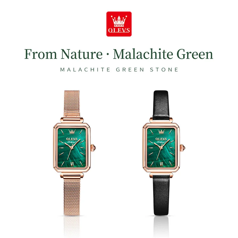 OLEVS-Montre à Quartz Verte avec Bracelet en Cuir pour Femme, Cadran Rectangulaire, Top Marque de Luxe, Nouvelle Mode