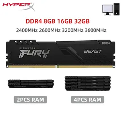 Kingston-Memoria de escritorio Fury Beast DDR4, 8GB, 16GB, 32GB, 3600, 3200, 2666, 2400MHz, 288Pin, 1,2 V, DIMM, PC4-19200, 21300, 25600