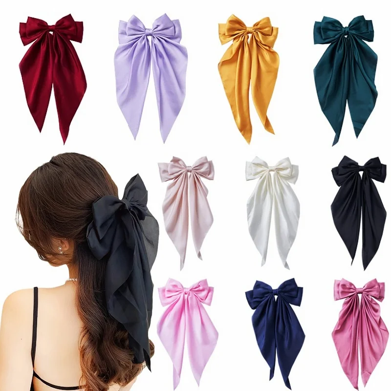 Large Bowknot Hair Clip for Women Girls Solid Color Chiffon Bow Hair Clip Ribbon Hairpin Ponytail Clip Headwear Accessories Gift