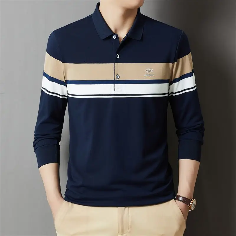 

Fashion Luxury Autumn Polo Shirt Men Clothing New Lapel Button Contrast Color Embroid Smart Casual Office Social Loog Sleeve Top