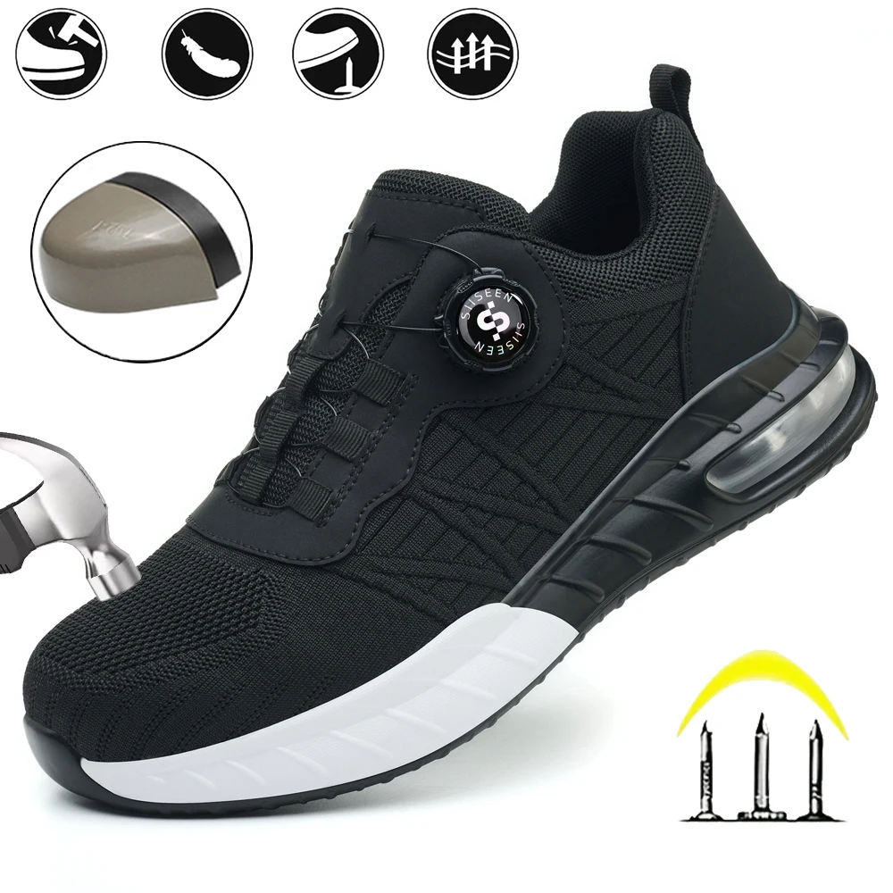 メンズ安全作業靴-耐圧鋼つま先-耐パンク性-ケブラー-軽量-通気性-黒と白のボタンデザイン