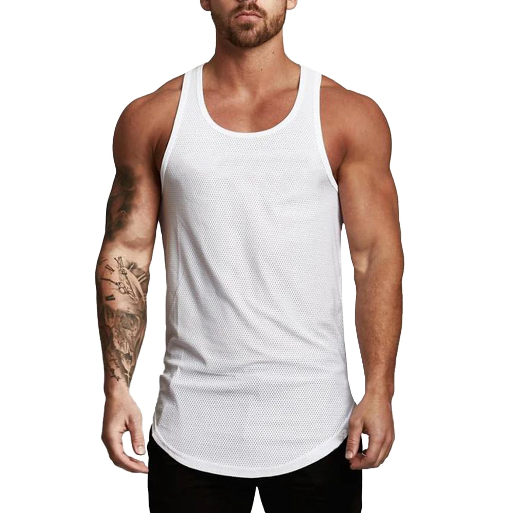 

Men Vest Crew Neck Fashion Fitness For Summer Mesh Polyester Regular Shirt Sleeveless Solid Color High Quality