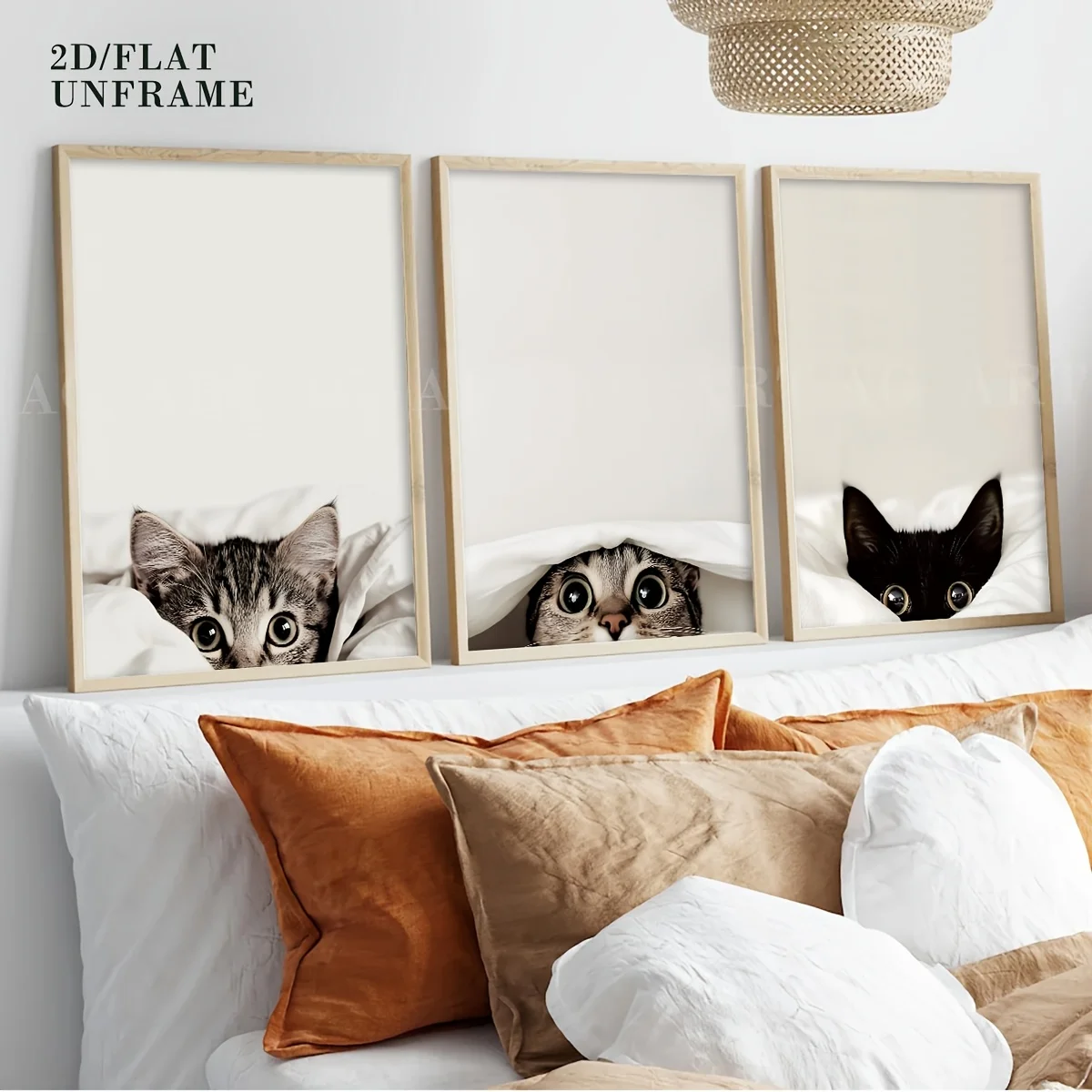 （Noframe 3PCS）-2D Flat, 2D Flat, Set of 3 Cute Cat Peeking Canvas Prints, Minimalist Style Decorative Posters, Adorable Anima