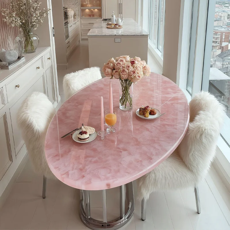 custom.Luxury Furniture Solid Pink Rose Quartz Stone Oval Dining Table