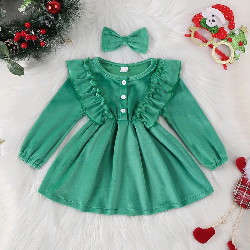 Vestido de veludo para meninas de 3 meses a 4 anos, babados, manga comprida, vestidos com botões, faixa de cabeça, roupas adoráveis