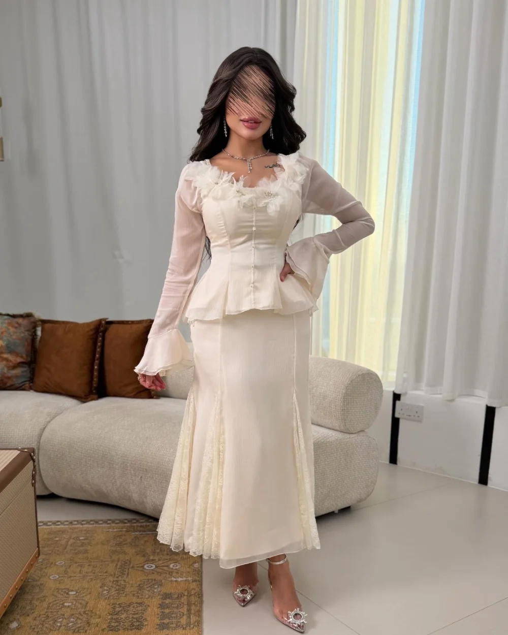 

Customized Modest Fashion Beige Jersey Handmade Flower Rhinestone Lace Mermaid Scoop Neck Ankle Length Evening Dresses