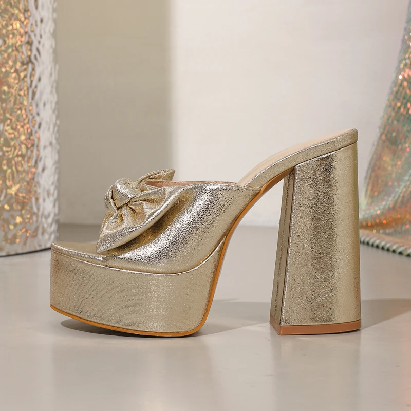 

Aneikeh Fashion Soft Leather Fabric Thick Bottom High Heels Banquet Shoes Summer Slides Platform Woman Slippers Zapatos De Mujer