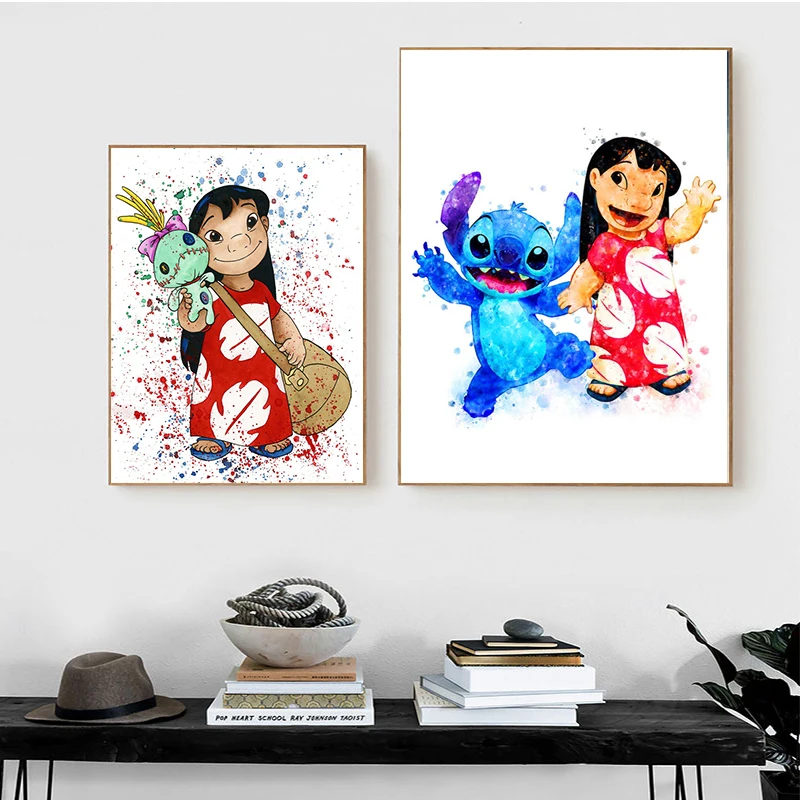 MINISO Disney Stitch Watercolor Wall Art Poster Angel Lilo Cartoon Graffiti Art Canvas Painting Print kids Room Mural Home Decor