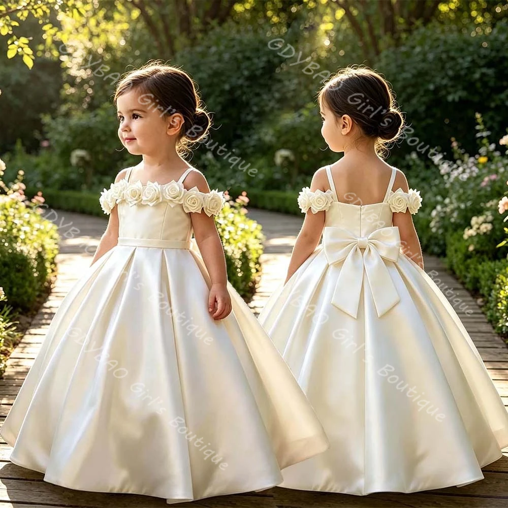 Spaghetti Straps Flower Girl Dress for Wedding Party Kids Elegant 3D Satin Flowers Holy Communion Birthday Dress With Bow Custom