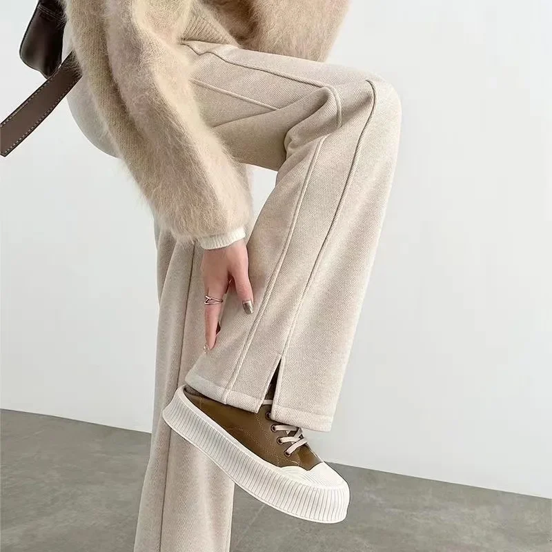 New Women's Bell Bottom Woolen Straight-Leg Side Slit Pants Autumn/Winter Importation Wholesale Fashionable Narrow-Leg Banana Pa