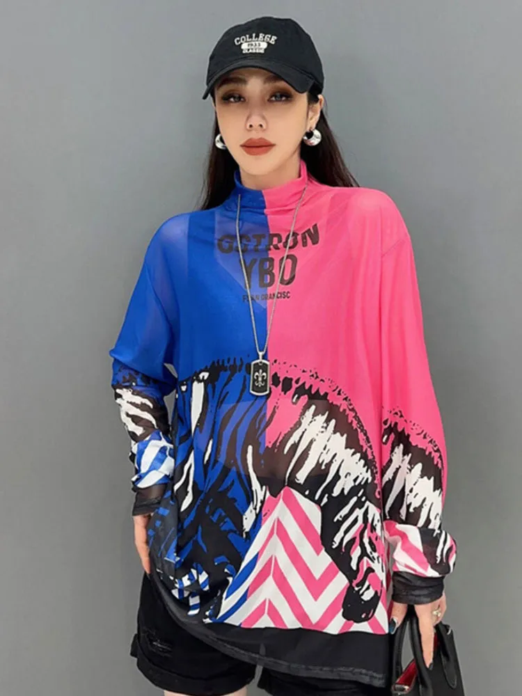 Vefadisa 2024 Spring/Summer New Color Women T-shirt Long Sleeved Printed T-shirt Loose Size Splicing Mesh Women Wear HLX184