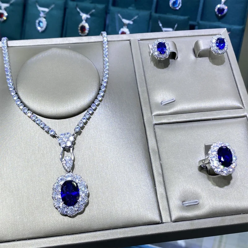

Spinel Blue Corundum Full Diamond Luxurious Open Ring for Women Elegant Pendant Earrings Three-Piece Set