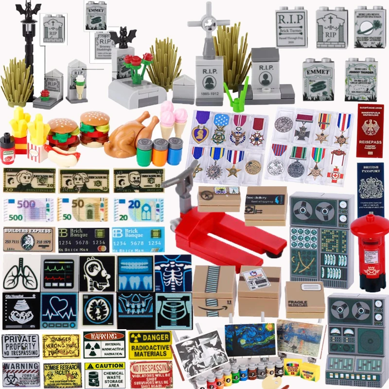 Building Blocks Solider Figures Gifts Tombstone Food Medal Passport Computer Controller Forklift Pillar-box Printed Bricks