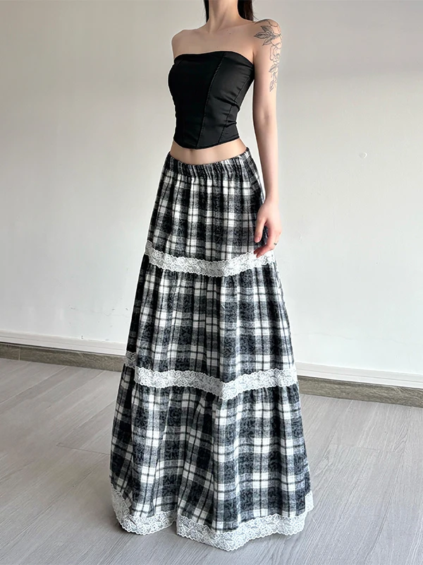 

Retro Black White Checkered Lace Spliced Stretch Layered Tiered Skirt For Women High-waisted Slim-fit Casual A-line Skirt Summer