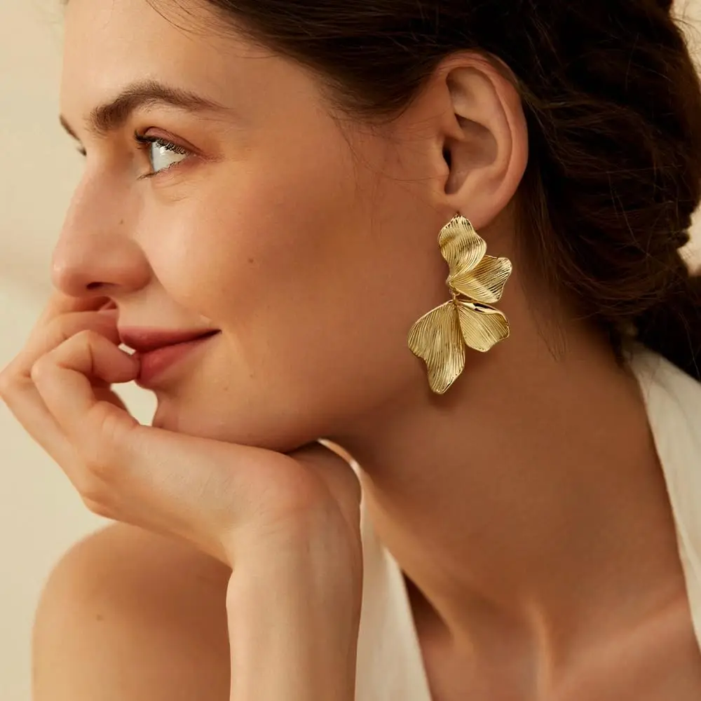 18K مطلية بالذهب بيان أقراط للنساء قطاع زهرة ليف القرط أقراط كبيرة هيبوالرجينيك مسمار مجوهرات هدايا #4