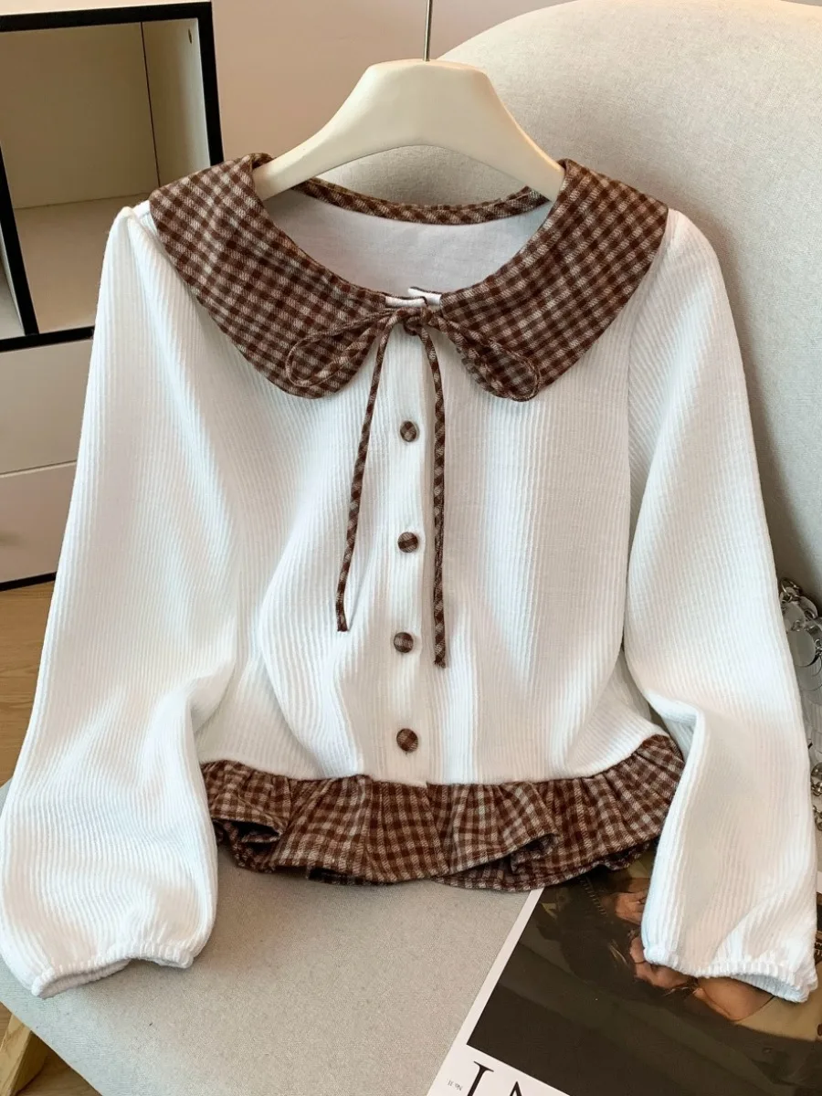

V-Ne Plaid irt Women's Autumn Winter New Sle Small Size Ruffle Hem Top Button Detail Bow Tie Self-Preserving Design