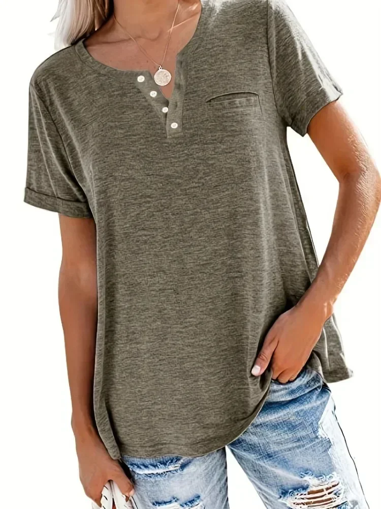 حجم كبير 1XL-8XL المرأة أزياء الصيف نمط جديد فضفاض قمم السيدات عارضة الخامس الرقبة قصيرة الأكمام جيب تي شيرت