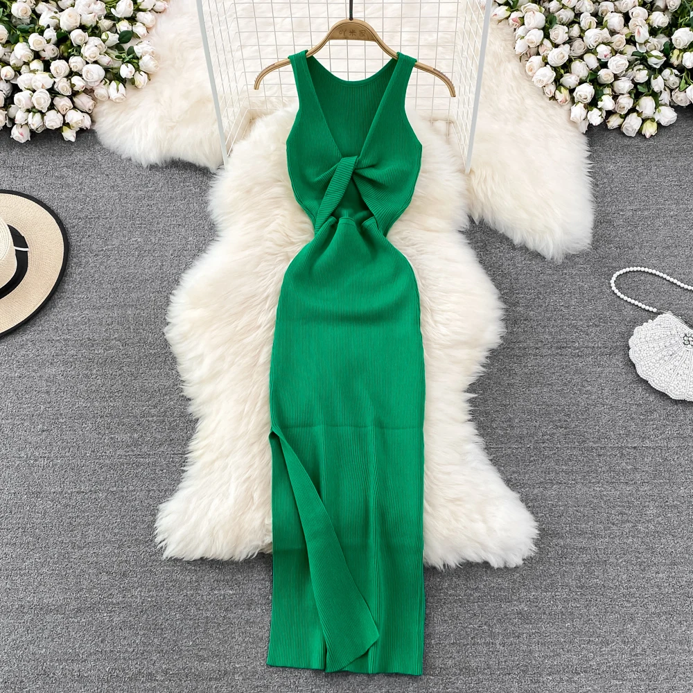 YuooMuoo Women Dress Sexy Wrap Hips Two Sides Available Split One-Piece Long Dress Fashion Knot Knitted Bodycon Party Robe Femme