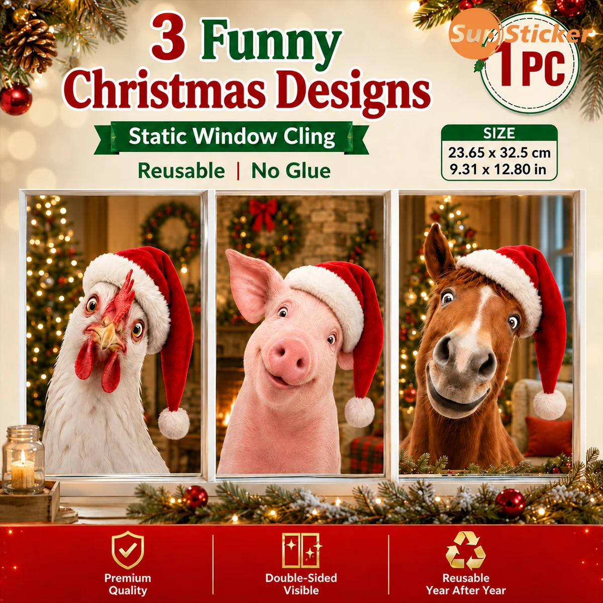 Funny Christmas Animal Static Window Clings, No Glue Reusable Double‑Sided Visible Holiday Glass Decor Stickers