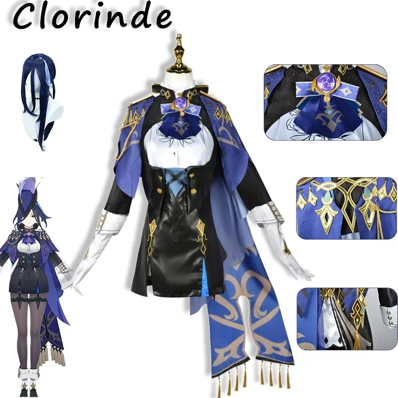 Clorinde Cosplay Genshin Impact Kostuum Bodysuit Pruik Uniform Mantel Oorbellen Cos Halloween Party Carnaval Party Set Comic Con