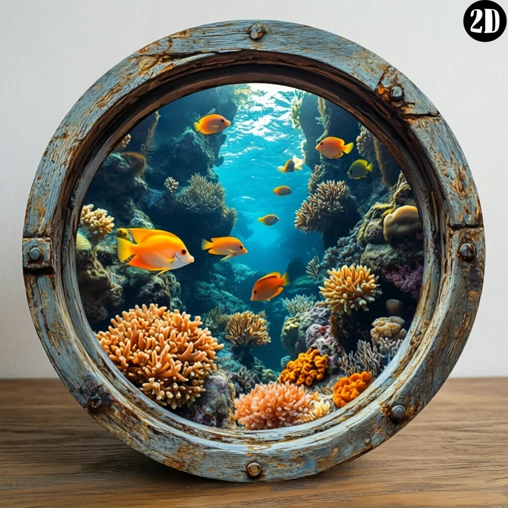 2D Flat Vintage Nautical Coral Reef Aluminum Sign,Ocean Tropical Fish Porthole Art Plaque, Easy Mount Home Office Sea The