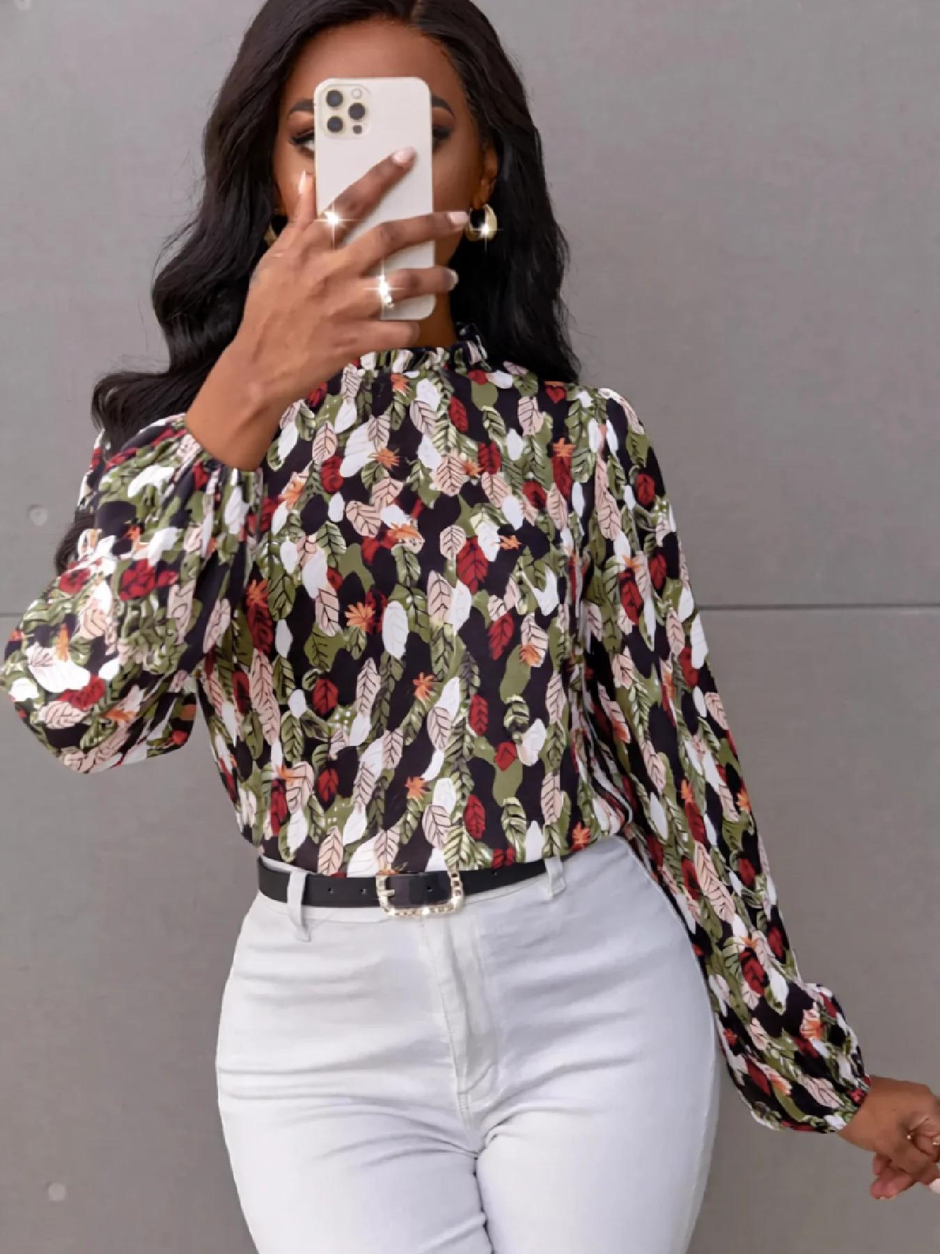 Autunno Inverno nuove signore moda retrò stampa foglia manica a palloncino camicetta pendolarismo quotidiano camicia versatile casual colletto con volant