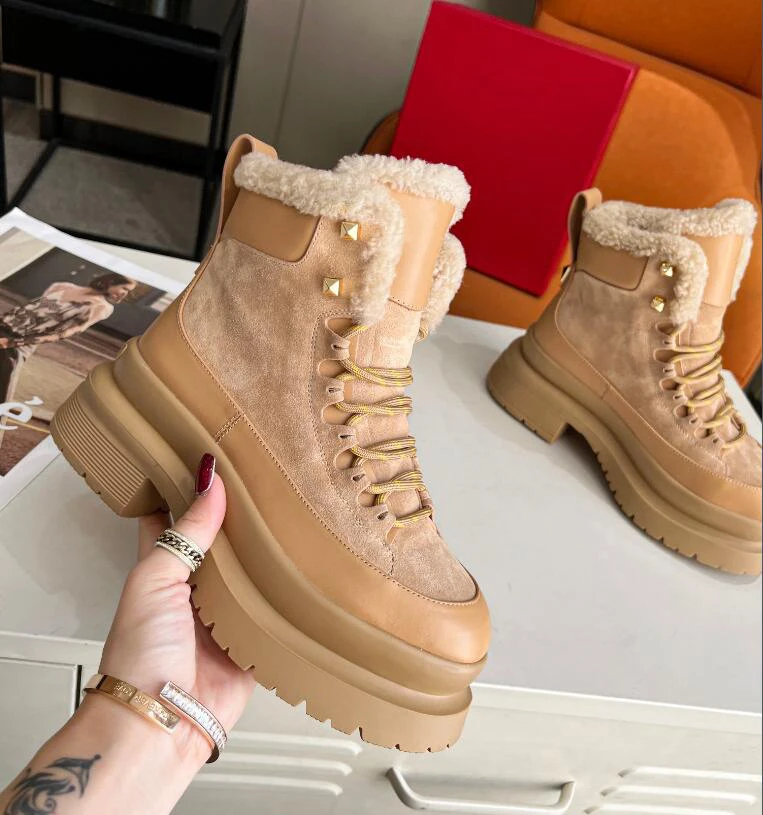 Warm Wool Fur Winter Boots Women New Arrival Lace Up Thick Sole Platform Height Increasing Cool Knight Bootie Green Brown Shoe