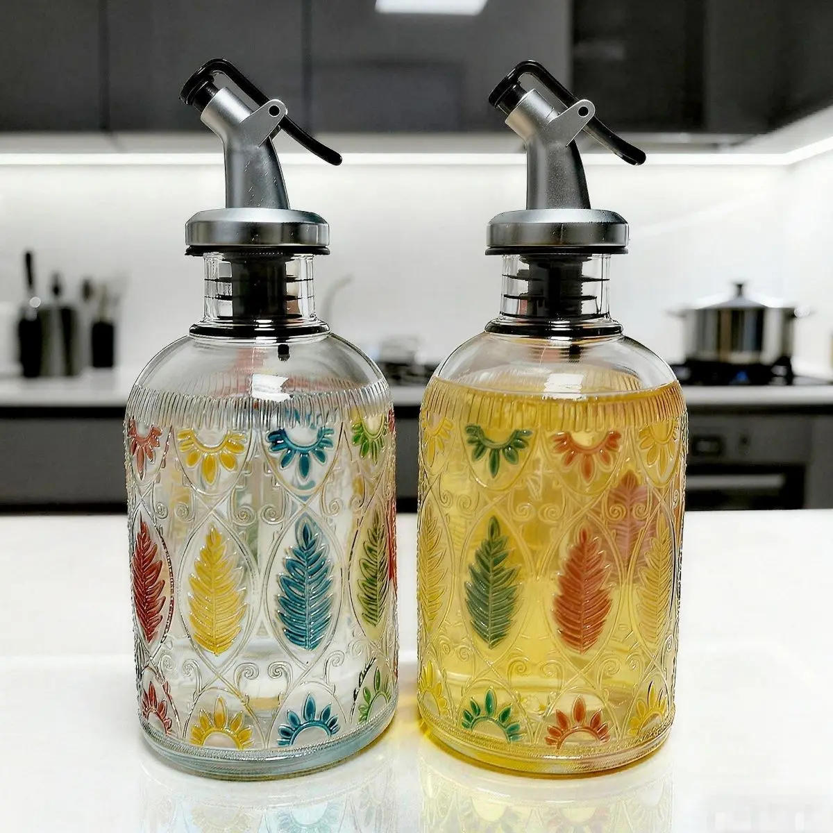 Nueva botella de aceite clásica para el hogar de 250ml, aceite de vinagre y sésamo, vidrio de calidad alimentaria, hoja redonda, alivio, herramientas de condimentos de cocina