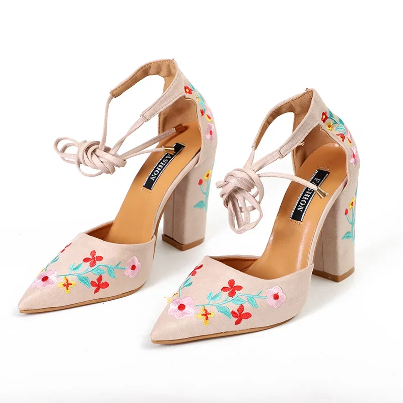 MVVJKE  Plus Size Embroidered High Heels Pumps Flower Ankle Strap Shoes Woman Two Pieces Sexy Party Wedding Pointed ToeE056