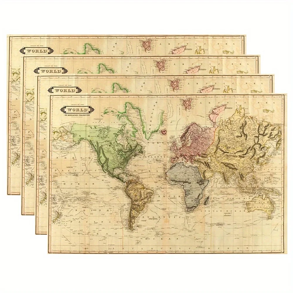 Vintage World Map Print Linen Placemats Set Of 4 Classic Travel Themed Table Mats For Study Dining Decor