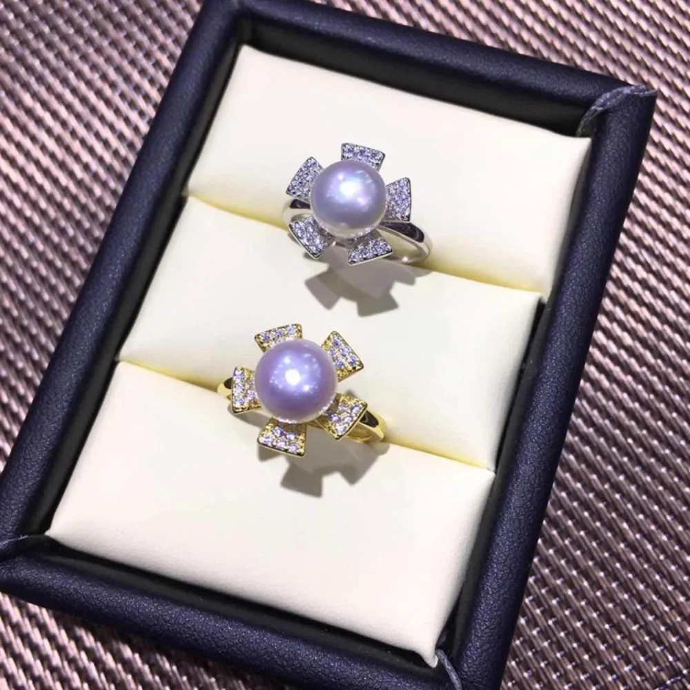 3pcs DIY Pearl Accessories 925 Silver, Sunflower Pearl Ring Ring Empty Holder, with 6-8mm Round Flat Beads