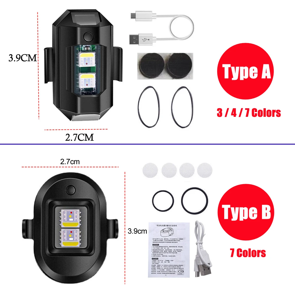 Anti-Colisão Strobe Light, Bike Tail, Modelo Aeronave, Voo Noturno, Mini Sinal, Piscando Luz de Advertência, RGB LED, Drone, 3, 4, 7 Cores