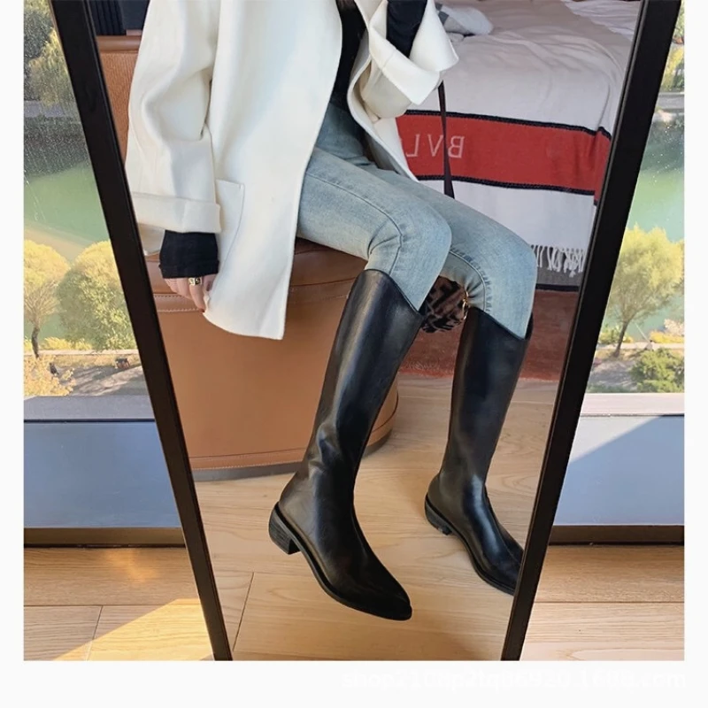 Winter New Pointy Mid-heel Knee-high Boots Back Zipper Solid Color Heightening Car Stitch and Velvet Fashion Elegant High Boots