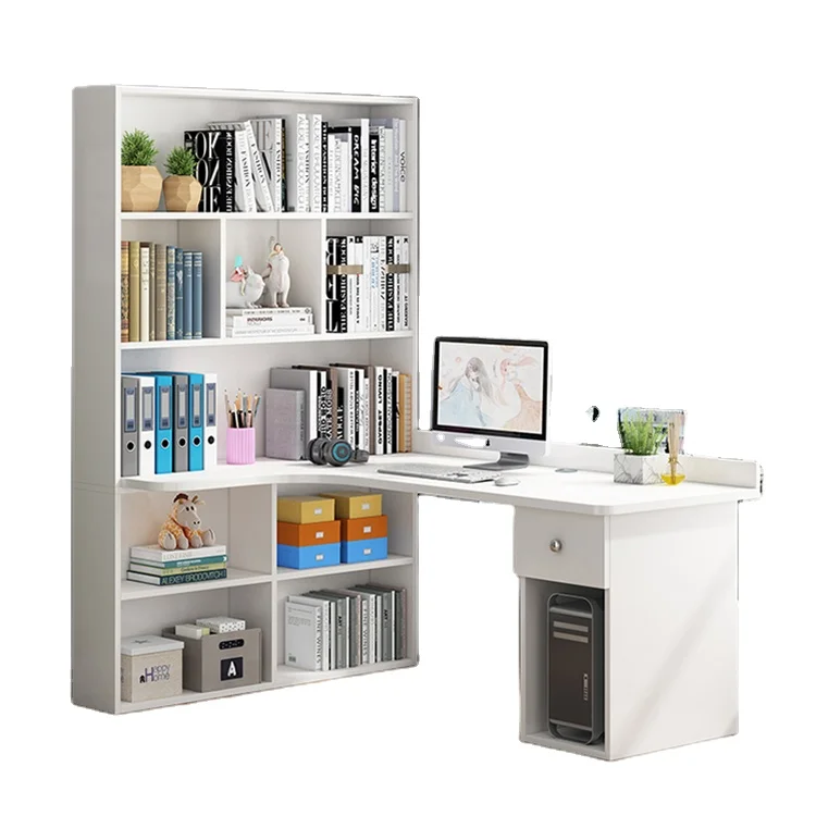 Home Office Furniture Study Writing Desk with Drawers L-shaped Corner Computer Computer Desk with Bookcase Large Space