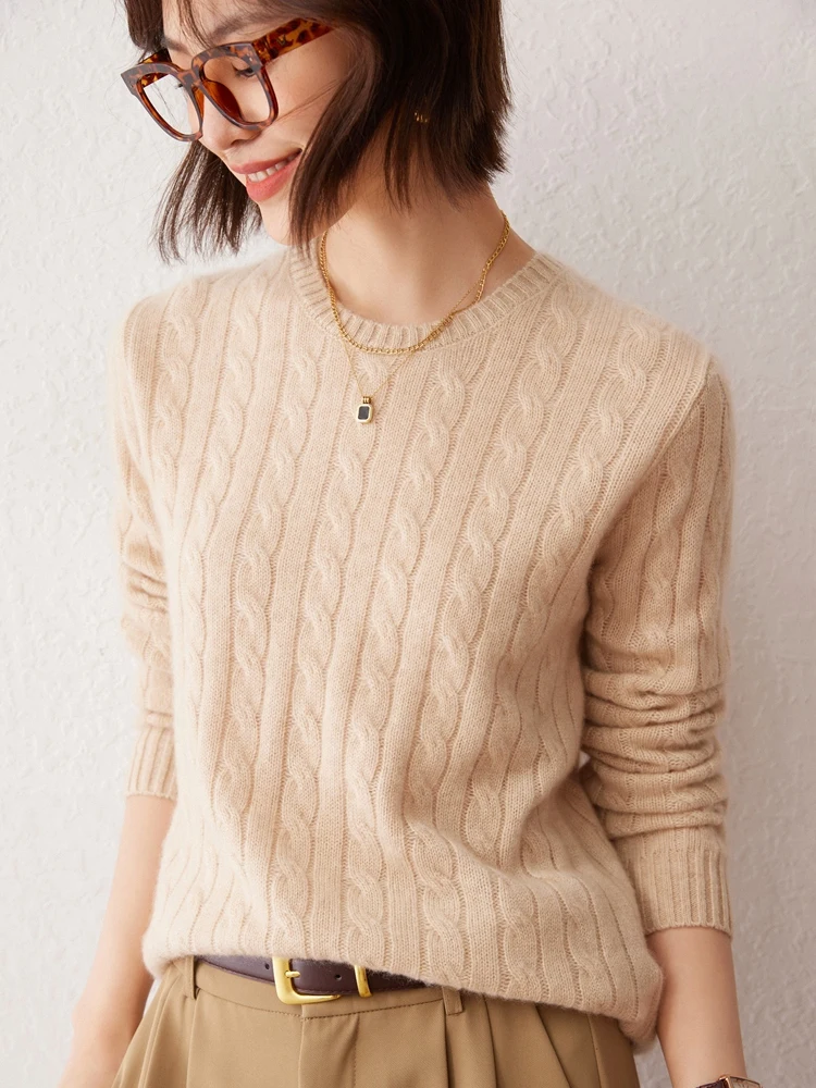 CHICUU Women 100% Cashmere Sweater O-neck Pullover Cable Knitting Vintage Preppy Style Cashmere Knitwear Autumn Winter Clothing