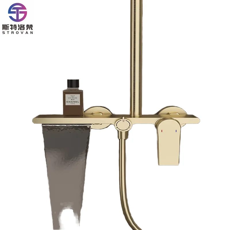 

Contemporary Brushed Brass Gold Bathroom Wash Basin Shower Set with Rain Soft Jet Spray Cold Hot Faucet for Apartment Use