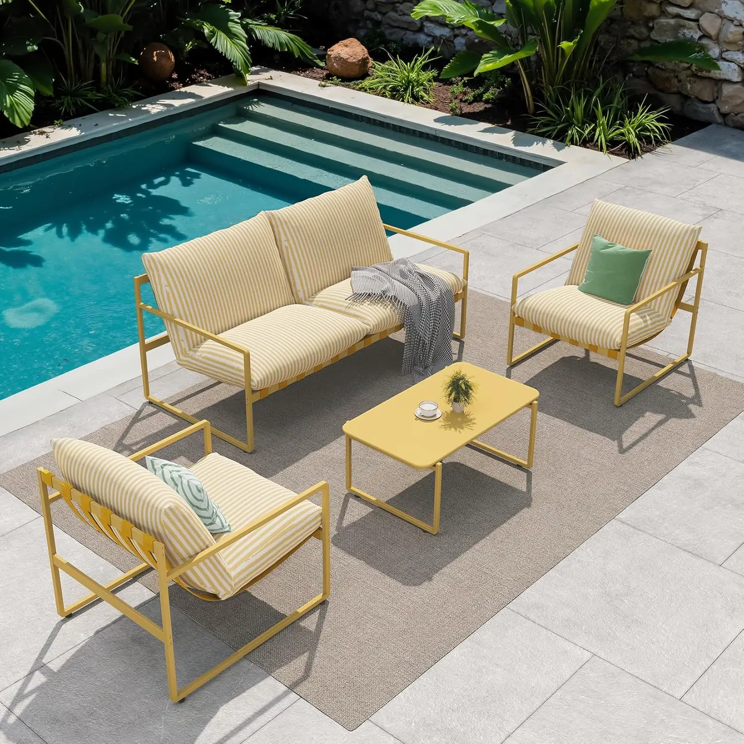 

4-Piece Outdoor Furniture Set, Modern Metal Patio Sofa with Soft Cushions & Coffee Table, Outdoor Conversation Set for Porch, D