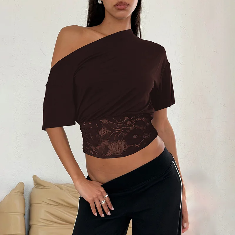 Women Y2K Black Oblique Neck Off Shoulder Short Sleeve Crop Top Lace Splicing Slim Waist Sexy Versatile Daily Casual T Shirt