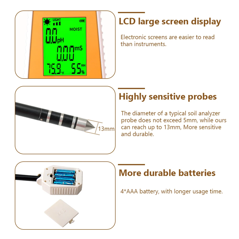 Imagem -06 - Medidor de Solo Digital Multifuncional Higrômetro ph Tester Umidade Umidade do ar Termômetro de Teste ce Painel Removível para Jardim