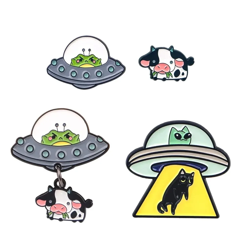 Cartoon UFO Alien Kuh Emaille Pin Brosche für Kleidung Anstecknadeln für Rucksäcke Metall Aktentasche Abzeichen Mode Dekorationen