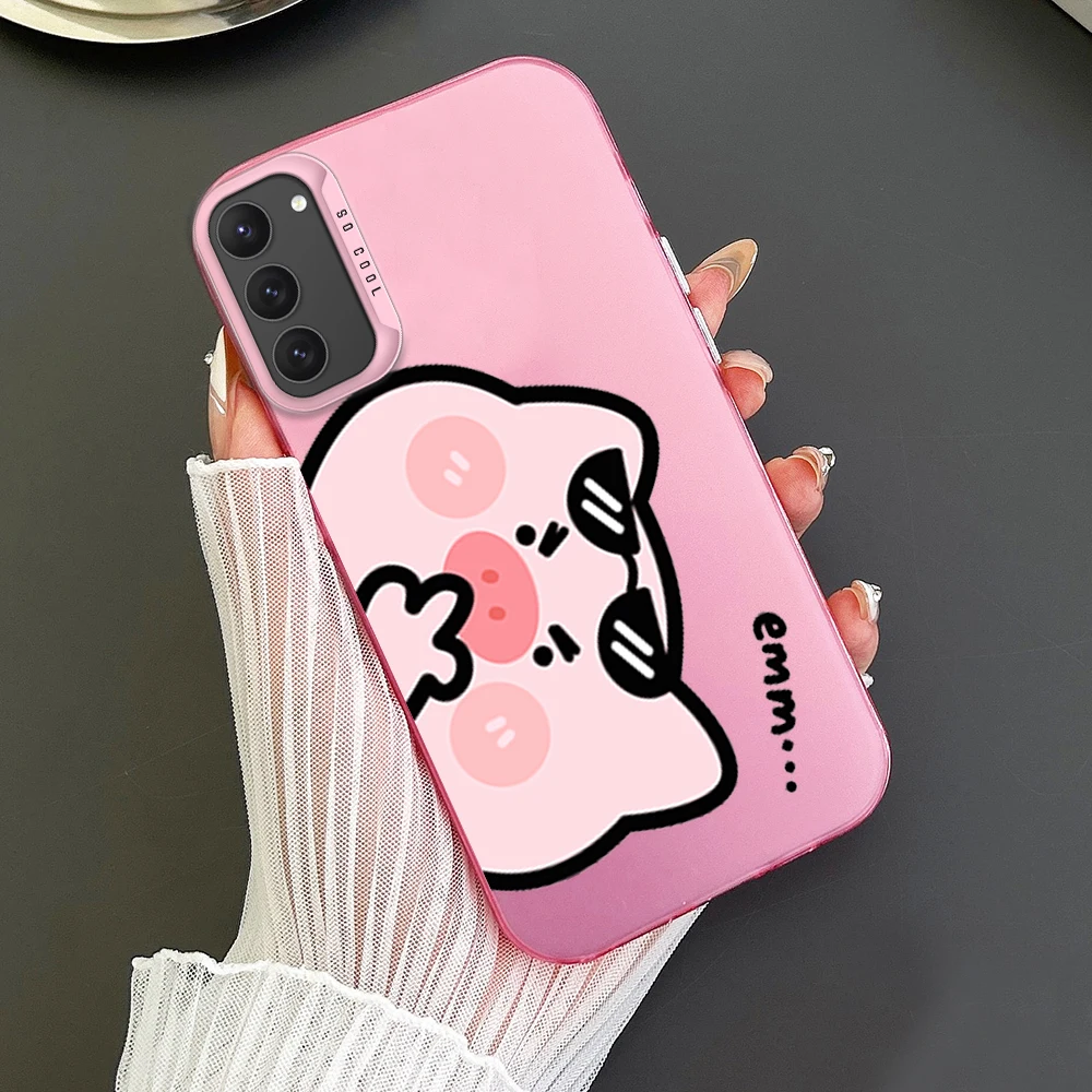 

Pink Piglet Phone Case For Samsung S23 S24 S22 A71 A55 ULTRA PLUS FE Electroplated Silver IMD Laser Color Shell