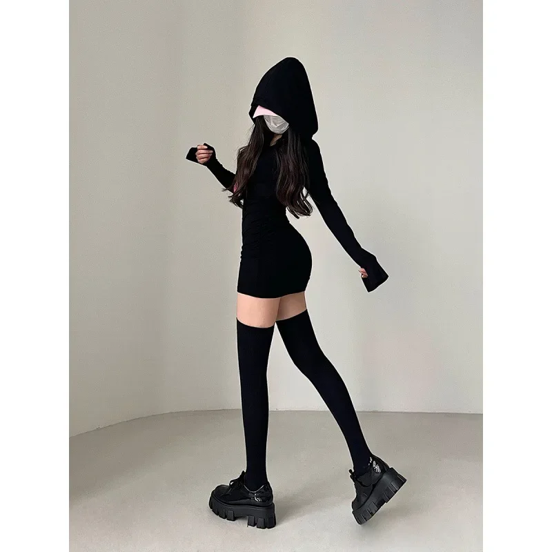 Sexy Slim Fold Hooded Mini Dress Long Sleeve Wrapped Hip Slim Sweet Korean Women Bottom Vestido Y2k Sexy Evening Dresses 원피스