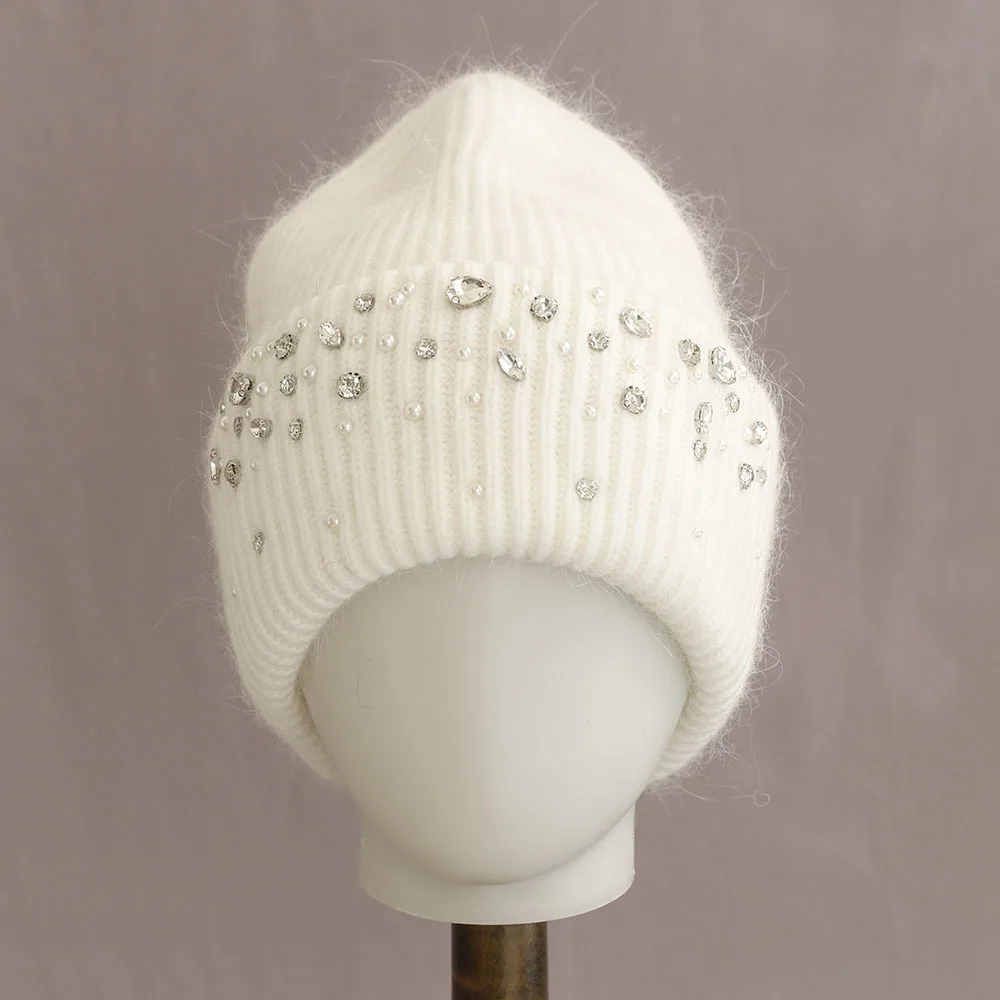 Angora Hat Rhinestone Women Winter Knit Beanie Warm Accessory For Autumn Cold Weather Skiing Outdoor Sports Holiday