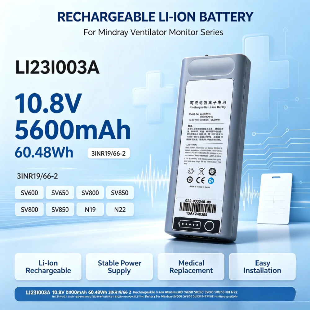 LI23I003A 10.8V 5600mAh 60.48Wh 3INR19/66-2 Rechargeable Li-Ion Battery for Mindray SV600 SV650 SV800 SV850 Ventilator Monitor