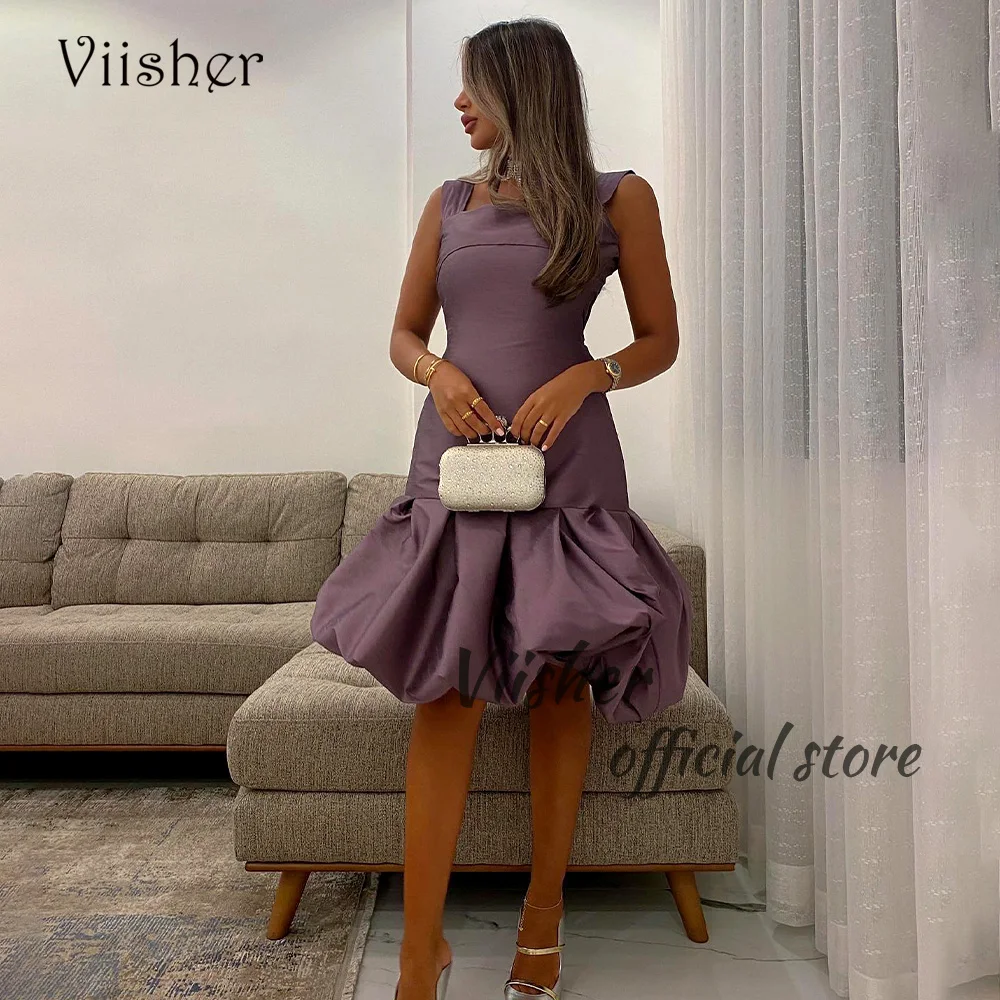 

Viisher Saudi Arabic Evening Dresses Square Neck Sleeveless Draped Satin Prom Party Dress Knee Length Formal Gowns