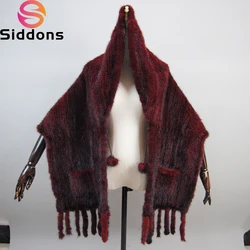 Women 100%Natural Fur Shawl Winter Lady Hand Knitted Genuine Mink Fur Stole Scarf Fashion Mink Fur Poncho 100%Real Fur Shawls