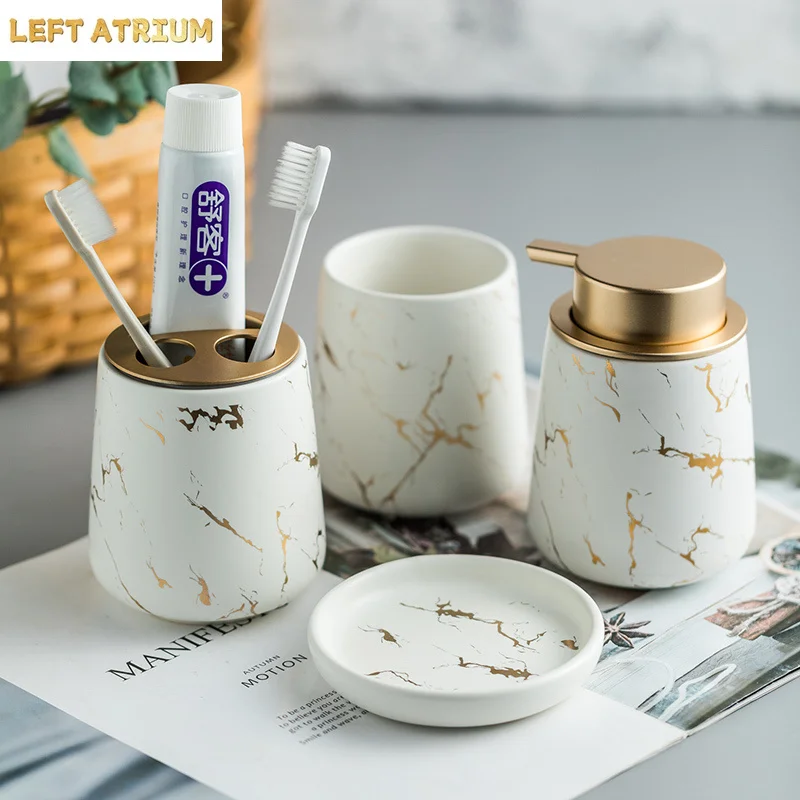 Marbling Texture Ceramic Bathroom Set Portable Soap Dispenser Mouthwash Cup Toothbrush Cup Lotion Bottle Soap Box Bath Supplies